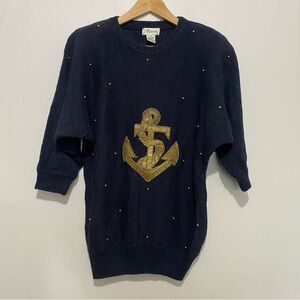 Vintage Marina Beaded Anchor Sweater Women’s Small Navy Blue Gold Nautical 80s